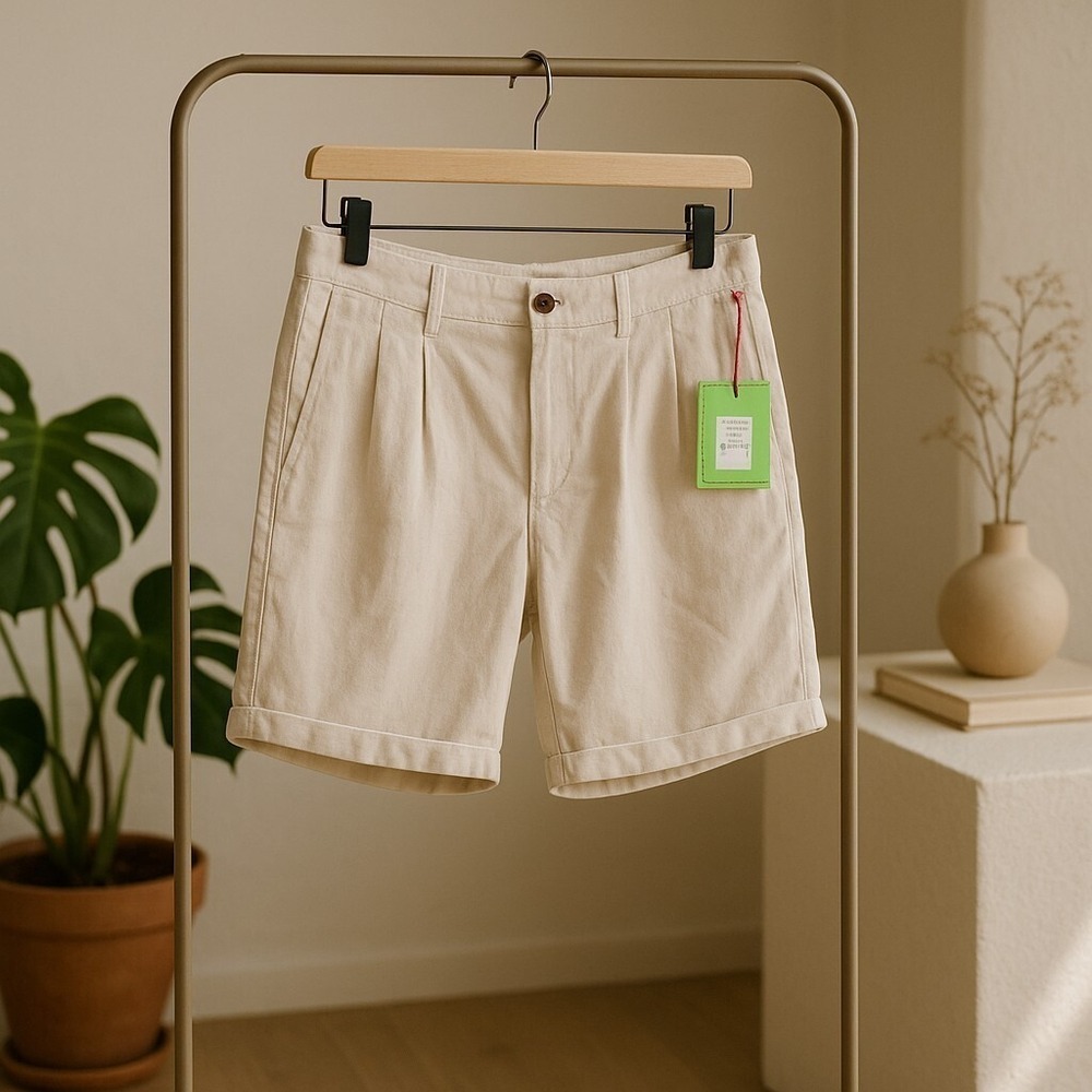 NWT Houston Men's L Cream Corduroy Shorts Double Pleated 8.5" Streetwear